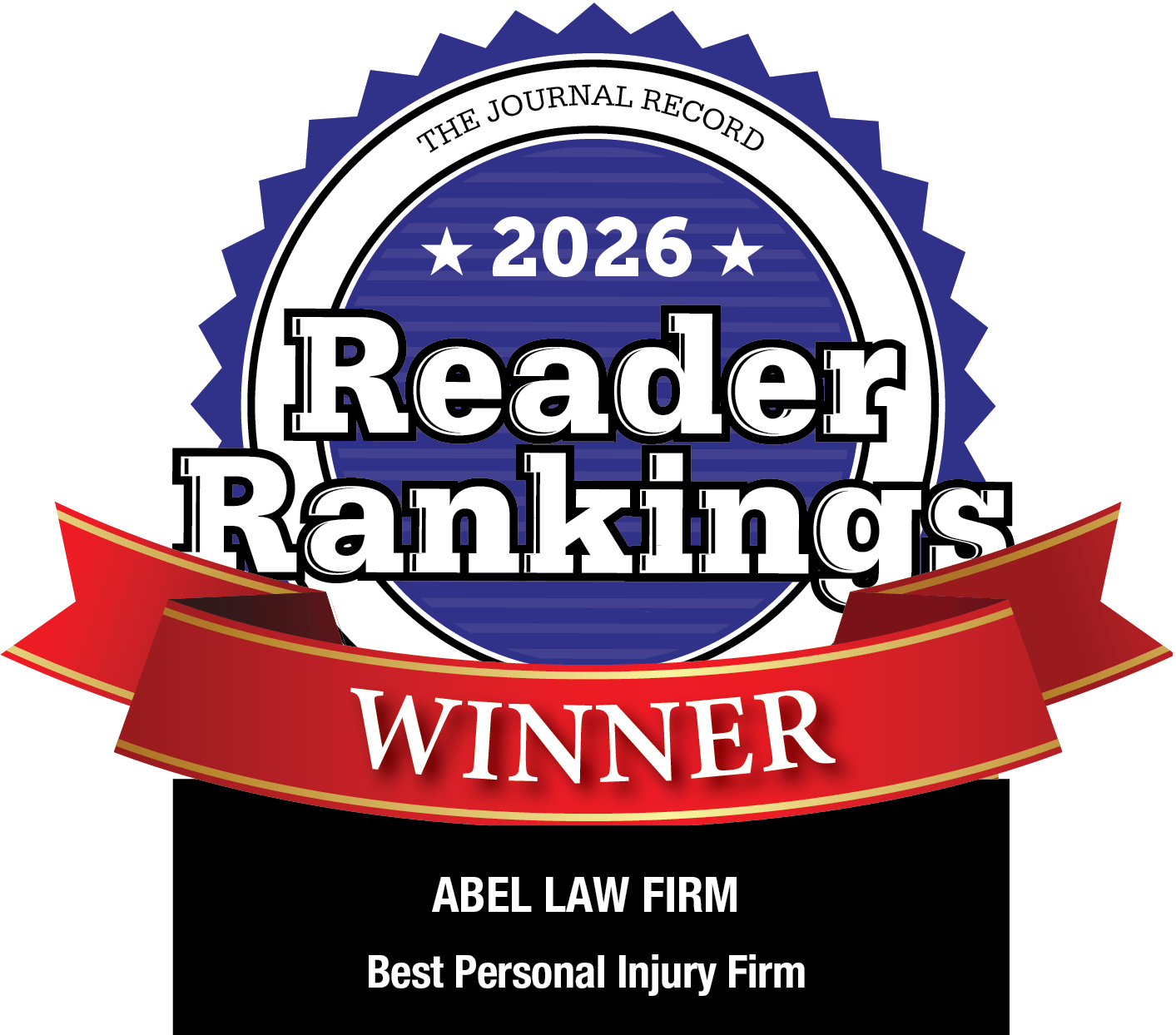 The Journal Record 2026 Reader Rankings - Top Winner - Abel Law Firm - Best Peronal Injury Law Firm